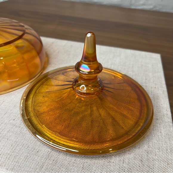 Vintage MCM Marigold Iridescent Carnival Glass Lidded Footed Candy Dish With Lid - Picture 7 of 10